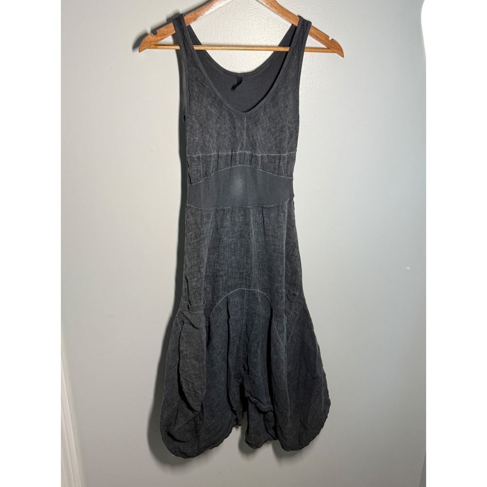 Inizio Italy Linen Lagenlook Bubble Hem Dress Charcoal Grey Sleeveless Small